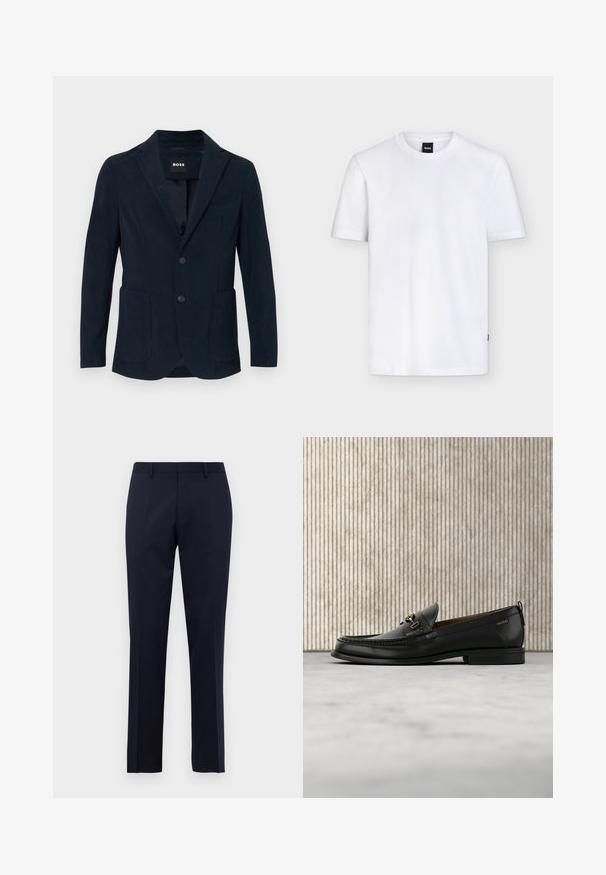 Marineblauwe corduroy blazer met een notch lapel, twee voorzakken, een twee knopen sluiting en een enkele borstzak.; Effen wit T-shirt met korte mouwen en ronde hals, met een klein zwart merklabel aan de kraag en subtiele textuur in de stof.; Navy blauwe slim-fit formele broeken met riemlussen en doorgestikte plooien, weergegeven tegen een effen witte achtergrond.; Zwarte leren loafer met gouden metalen gesp en "HUGO" branding, weergegeven tegen een beige tapijt en bruin doorschijnend meubilair.
