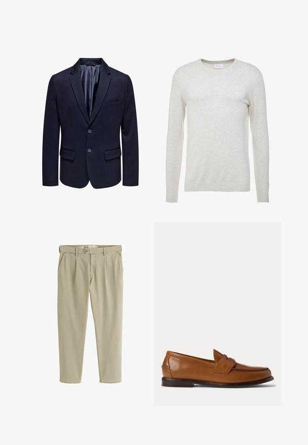 Blazer azul marino con solapa de muesca, dos botones y bolsillos de solapa. Presenta un forro interior suave y un ajuste entallado.; Lindbergh ECOVERO L/S O-NECK - Jersey de punto - off white melange; Pantalones casual beige de corte recto con cierre frontal de botón y cremallera, trabillas para cinturón y bolsillos laterales.; Zapato tipo mocasín penny loaf de cuero marrón con tacón bajo y detalles cosidos en la parte frontal y los laterales, mostrado de lado sobre un fondo blanco.