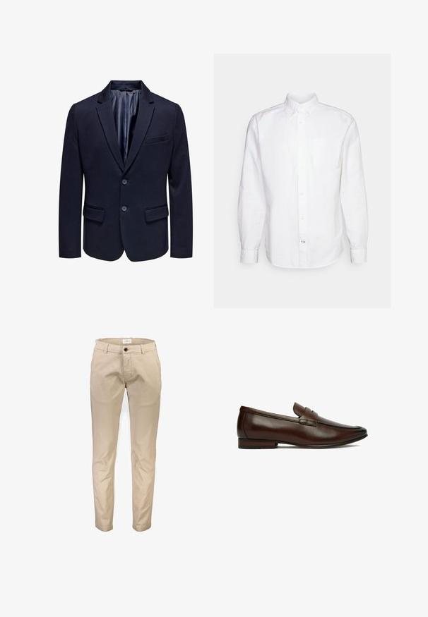 Blazer azul marino con solapa de muesca, dos botones y bolsillos de solapa. Presenta un forro interior suave y un ajuste entallado.; GAP STANDARD OXFORD - Camisa - white; Pantalones de algodón beige con diseño de pierna recta, que cuentan con bolsillos delanteros, cierre de cremallera y un solo botón. Textura lisa, sin estampados.; Mocasín de hombre de piel marrón con tacón bajo y detalle de correa sobre la pala, mostrado en perfil lateral sobre fondo blanco.