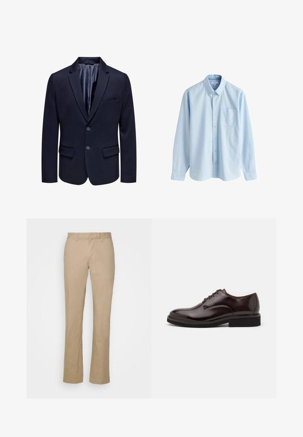 Blazer azul marino con solapa de muesca, dos botones y bolsillos de solapa. Presenta un forro interior suave y un ajuste entallado.; Camisa azul claro de manga larga con botones, cuello abotonado y bolsillo en el pecho, presentada sobre un fondo blanco.; Pantalones rectos beige de tela de algodón con parte delantera plana y trabillas para cinturón. Presenta un cierre de botón único y puños rematados.; Zapato Oxford de cuero marrón con acabado brillante, punta redonda, diseño con cordones y suela gruesa de goma negra. Detalle de costura en la parte superior.