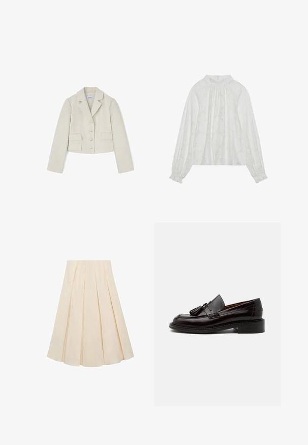 Kremfarvet, tekstureret cropped blazer med hakket revers, fire knapper og to klaplommer, lagt fladt på en hvid baggrund.; Hvid langærmet bluse med et tekstureret blomstermønster, elastisk halsudskæring og elastiske manchetter. Blød, letvægts stof.; Plisseret nederdel i cremefarvet stof; har en blød tekstur, mellemlang design og symmetriske plisseringer, der strækker sig fra taljen til kanten.; Mørkebrun læderloafer med duske, syningsdetaljer og en lav stablet hæl på en ensfarvet lys baggrund.