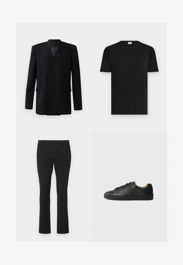 Blazer noir au design enveloppant, avec une fermeture à un bouton, deux poches avant et un col montant. Texture de tissu lisse.; T-shirt noir en coton côtelé à manches courtes avec col rond et petite étiquette blanche à l'intérieur du col.; Chinos noirs en coton avec une coupe ajustée, des jambes droites, des poches avant et une texture lisse et propre, adaptés à diverses occasions.; Baskets basses en cuir noir avec surface texturée, lacets noirs et semelle en caoutchouc épaisse, présentées de côté sur un fond clair.