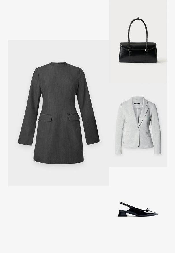 Blazer gris claro para mujer con solapas con muesca, cierre de un solo botón y dos bolsillos delanteros con solapa, colocado plano sobre un fondo blanco.; Vestido gris a medida con mangas largas, escote redondo y dos bolsillos frontales. Hecho de una tela texturada, presenta un diseño elegante y estructurado.; Zapato slingback negro de charol con punta afilada y tacón bajo cuadrado, con un detalle en plata. Diseño elegante con un mínimo de adornos.; Bolso rectangular de cuero negro con cierre de solapa y dos asas largas sobre un fondo blanco liso.