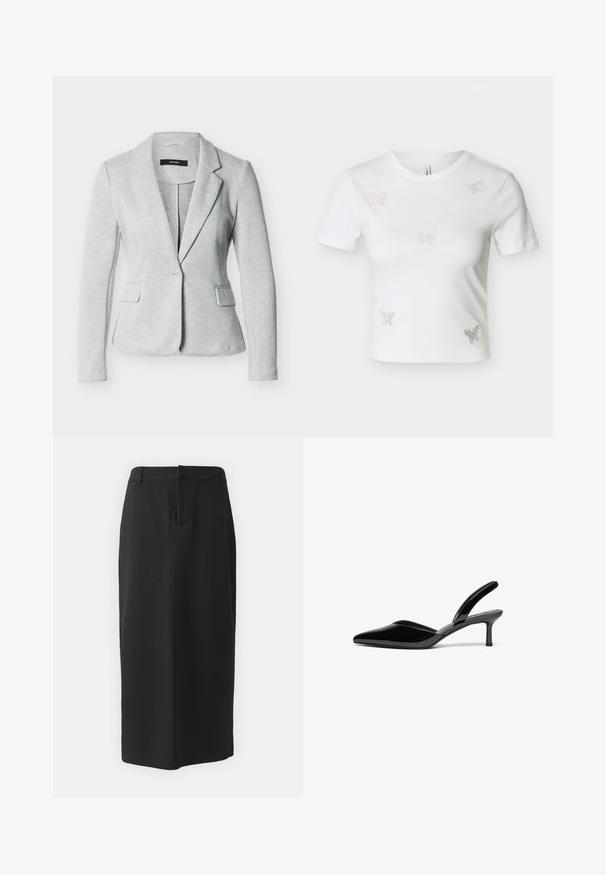 Lysegrå damesblazer med hakkede revers, enkelt knaplukning og to forlommer med klap, lagt fladt på en hvid baggrund.; Hvid kortærmet cropped t-shirt med fem små rhinsten sommerfugledekorationer på fronten.; Sort blyantskirt, knælang, lavet af glat materiale. Har en slids bagpå og sidelommer, med et enkelt design og neutral farve.; Sorte patentlæder slingback hæle med spids tå, lav stiletto hæl og et elegant, enkelt design uden pynt.