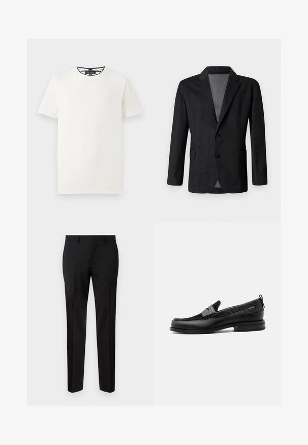 Σκούρο γκρι tailored σακάκι με λεία υφή, μονόκλειστη σχεδίαση, με αυλακωτούς γιακάδες και δύο μπροστινές τσέπες. Διαθέτει δύο κουμπιά.; Λευκό κοντομάνικο μπλουζάκι με υφαντό σχέδιο, στρογγυλή λαιμόκοψη και ναυτικές ρίγες στη γιακά. Ελαφρύ ύφασμα. Χαλαρή εφαρμογή.; Μαύρα κομμένα παντελόνια φτιαγμένα από μαλακό ύφασμα, με ίσια γραμμή, εκλεπτυσμένες πιεσμένες λεπτομέρειες και κλασική μέση με βρόχους ζώνης.; Μαύρος δερμάτινος λόφερ με γκρι λουράκι, χαμηλό τακούνι και υφασμένο πέλμα, με το λογότυπο "HUGO" σε χρυσό στο πλάι.