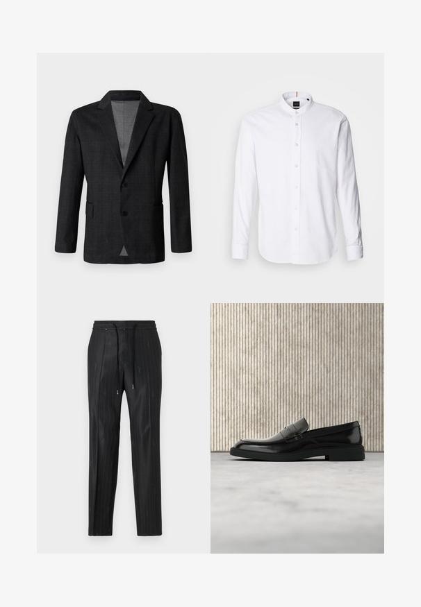 Blazer ajusté gris foncé avec une texture lisse, design à simple boutonnage, revers crantés et deux poches avant. Comprend deux boutons.; Chemise blanche à manches longues avec col bande, boutonnière à l'avant et ourlet arrondi. Fabriquée en coton, elle présente une texture lisse et un léger éclat.; Pantalons noirs à rayures fines en tissu lisse avec une ceinture élastique confortable et des accents de cordon de serrage. Présente des détails de logo subtils.; Mocassin en cuir noir poli flottant au-dessus d'un tapis beige avec un mobilier translucide orange en arrière-plan.