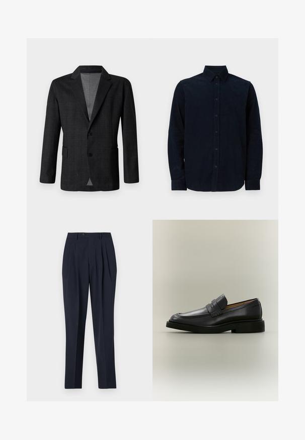 Blazer entallado gris oscuro con una textura suave, diseño de un solo botón, solapa en muesca y dos bolsillos frontales. Presenta dos botones.; Camisa de manga larga azul marino hecha de tejido texturizado, con frente abotonado, cuello puntiagudo y puños abotonados.; Pantalones de marine con cintura alta, frente plisado y cierre de botón único. La tela parece suave con un ajuste entallado y un diseño de pierna recta.; Mocasín de hombre de cuero negro con tacón bajo y detalle de correa en la parte superior, mostrado de perfil sobre un fondo neutro.