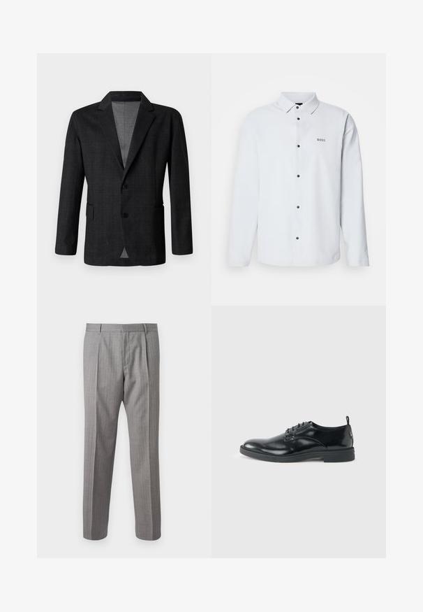 Donkergrijze op maat gemaakte blazer met een gladde textuur, een enkelvoudig knoopdesign, gesneden revers en twee voorkruiszakken. Heeft twee knopen.; Witte longsleeve button-up shirt met zwarte knopen en een kraag, voorzien van een klein "BOSS" logo op de linkerborst.; Grijze, gestreepte broek met een getailleerde pasvorm, voorzien van voorplooien, riemlussen en een soepele textuur. Rechtoe rechtaan pijpen, nette boorden.; Glanzende zwarte lederen nette schoen met lage hak, vetersluiting en ronde neus, van opzij getoond tegen een effen lichte achtergrond.