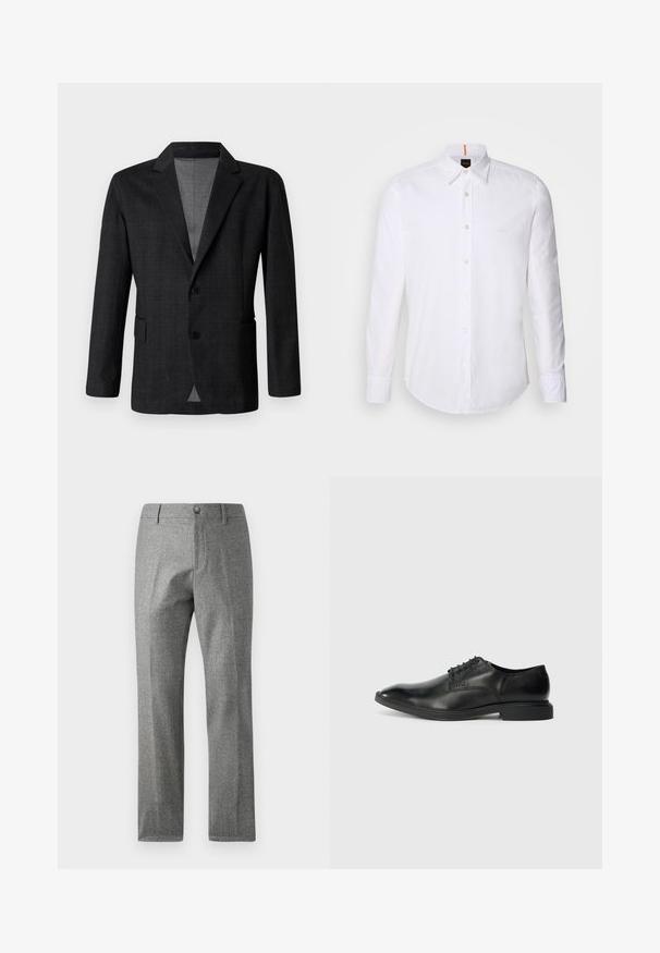 Donkergrijze op maat gemaakte blazer met een gladde textuur, een enkelvoudig knoopdesign, gesneden revers en twee voorkruiszakken. Heeft twee knopen.; Witte langwerpige overhemd met lange mouwen van katoen, met een klassieke kraag, een subtiel logo dicht bij de borst en witte knopen.; Grijze textuur broek met een rechte pijp ontwerp, voorzien van een voorste knoop- en ritssluiting. Subtiele visgraatpatroon detail.; Zwarte leren dress shoe met een gladde textuur, spitse neus, zes veterogen vetersluiting en een lage rechthoekige hak. Subtiele merkopdruk aan de zijkant.