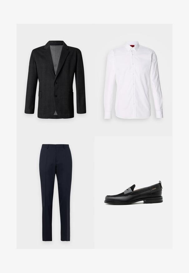Mørkegrå skræddersyet blazer med en glat tekstur, enspændt design, notch-lapel og to frontlommer. Har to knapper.; Hvid skjorte med lange ærmer, knap-front og klassisk krave, fremstillet i en blød bomulds kvalitet.; Mørkeblå skræddersyede herrebukser med subtilt ternet mønster, bæltestropper og frontfold, vist forfra på hvid baggrund.; Sort læderloafer med grå remdetalje, lav hæl og tekstureret sål, mærket med "HUGO" i guld på siden.