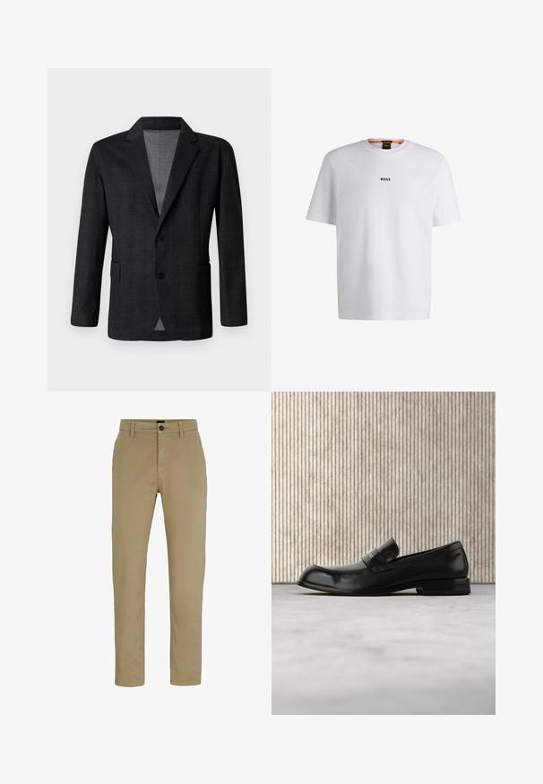 Donkergrijze op maat gemaakte blazer met een gladde textuur, een enkelvoudig knoopdesign, gesneden revers en twee voorkruiszakken. Heeft twee knopen.; Witte katoenen T-shirt met korte mouwen, voorzien van een zwart "BOSS"-logo in het midden van de borst en een ronde halsontwerp.; Beige katoenen chinos met een slim fit, platte voorkant en een knoopsluiting. Voorzien van ceintuurlussen en zijzakken voor functionaliteit.; Zwarte leren loafer met metalen accent, zwevend weergegeven boven een beige tapijt, met een ronde, amberkleurige tafel op de achtergrond.
