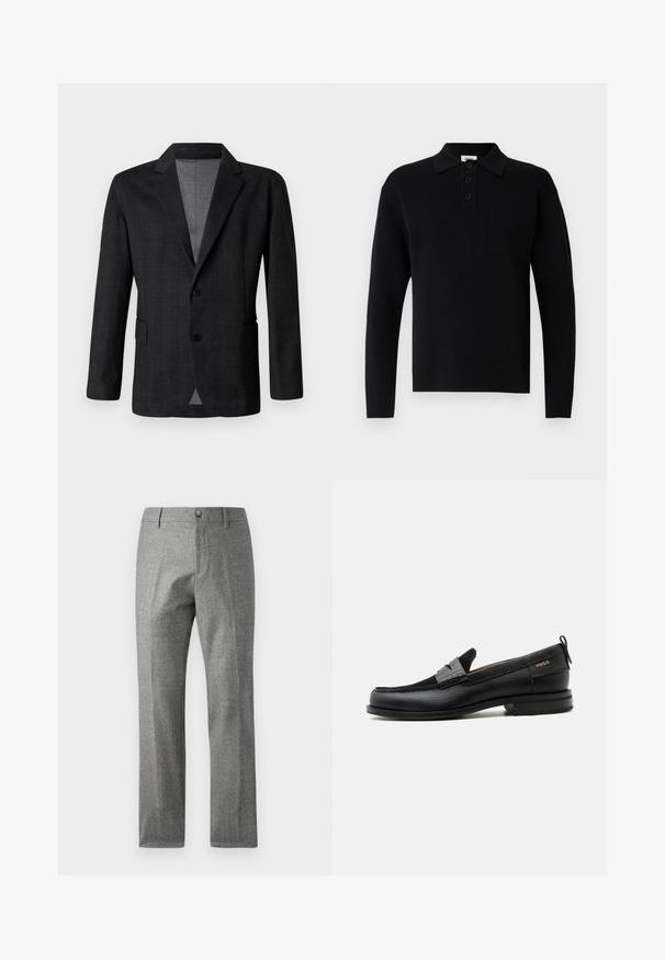 Mørkegrå skræddersyet blazer med en glat tekstur, enspændt design, notch-lapel og to frontlommer. Har to knapper.; Sort langærmet poloshirt lavet af blødt materiale, med krave, tre-knaps lukning og en lille brystlomme.; Grå teksturerede bukser med lige ben-design, der har en frontknap og lynlås lukning. Diskret hørfiskebensmønster.; Sort læderloafer med grå remdetalje, lav hæl og tekstureret sål, mærket med "HUGO" i guld på siden.