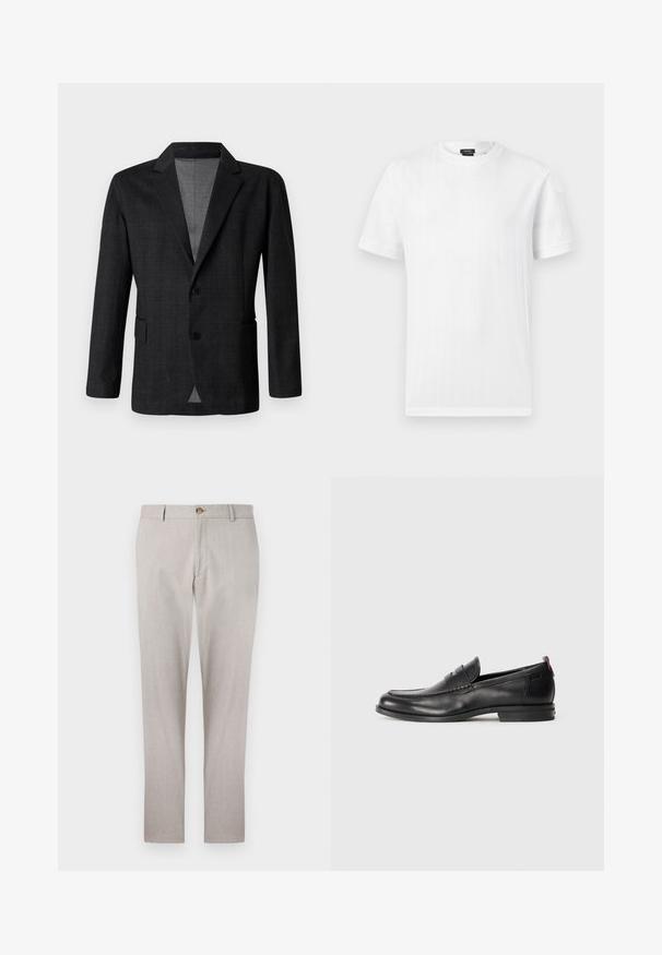 Σκούρο γκρι tailored σακάκι με λεία υφή, μονόκλειστη σχεδίαση, με αυλακωτούς γιακάδες και δύο μπροστινές τσέπες. Διαθέτει δύο κουμπιά.; Λευκό T-shirt με κοντά μανίκια και στρογγυλή λαιμόκοψη, με λεπτή κάθετη ριμπ υφή, εμφανιζόμενο σε απλό ανοιχτό γκρι φόντο.; Ανοιχτό γκρι λινά παντελόνια με κομψό σχέδιο, κλείσιμο με κουμπί, πλευρικές τσέπες και ίσια κοπή. Μαλακή υφή και ελάχιστες ραφές λεπτομέρειες.; Μαύρο δερμάτινο loafers με στρογγυλή μύτη, ραφές λεπτομέρειας και μια μικρή κόκκινη λεπτομέρεια στη φτέρνα. Λεπτή καουτσούκ σόλα.