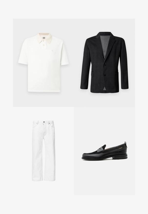 Blazer entallado gris oscuro con una textura suave, diseño de un solo botón, solapa en muesca y dos bolsillos frontales. Presenta dos botones.; Polo de manga corta blanca con cuello beige, dos botones, tela texturizada y pequeño logo bordado en el pecho.; Vaqueros de mezclilla blanca con un corte recto, diseño estándar de cinco bolsillos y cierre de botón de metal en la cintura, con costuras tono sobre tono.; Mocasín de cuero negro con detalle de tira gris, tacón bajo y suela texturizada, con la marca "HUGO" en oro en el lateral.