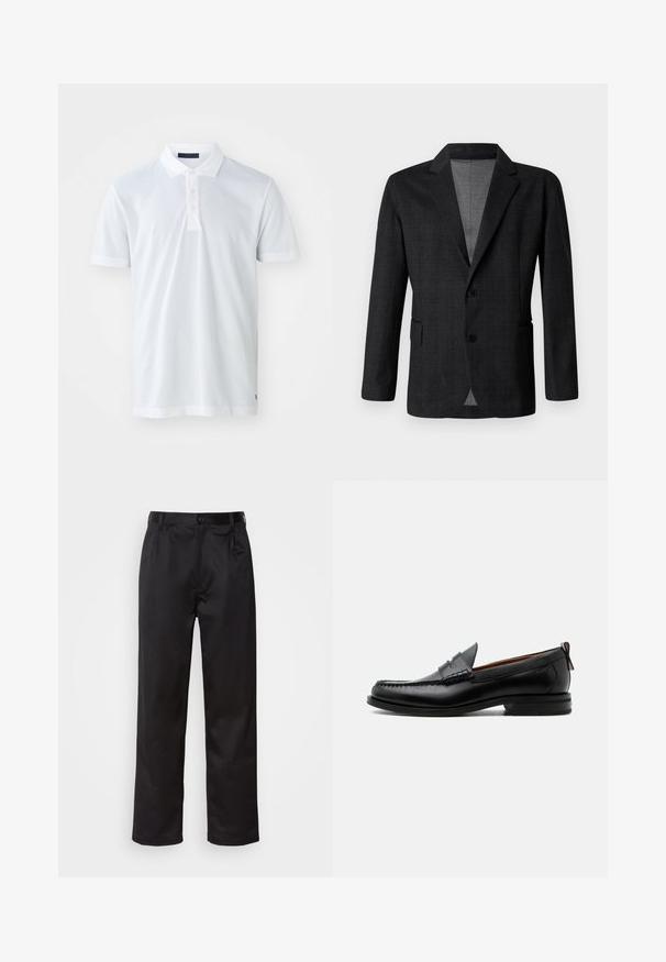 Blazer entallado gris oscuro con una textura suave, diseño de un solo botón, solapa en muesca y dos bolsillos frontales. Presenta dos botones.; Camisa polo blanca con una textura suave, tapeta de tres botones, cuello plano y mangas cortas. Presenta costuras sutiles en el dobladillo.; Pantalones negros de tela suave, con cierre delantero de botón, pliegues y patas rectas. Sin patrones ni acentos visibles.; Mocasín de hombre de piel negra con costura moc toe, tira penny, cuello texturizado y tacón bajo apilado sobre fondo blanco.