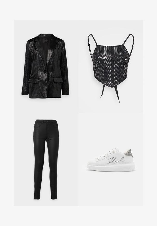 Must mustriga läikiv, tekstureeritud viimistlusega. Omab nurgelise kraega, ühte nupuvajutust ja kaht esist taskut.; Neon & Nylon RICCA STRAP SCARF - Topp - black silver; Mustad kõrge vöökohaga kitsad teksapüksid esikülje ja tagumise tasku, vööaasade ja nööpklambriga ühevärvilisel taustal.; Valge spordijalats sileda nahkupperiga, hõbedane "Karl" logo ja tekstureeritud metallik hõbedane aksent kandadel. Paks kummitald.