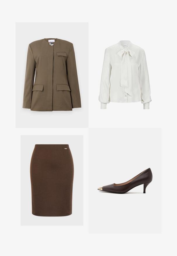 Blazer marron ajusté avec un col rond, fermeture à l'avant, poche poitrine unique et deux poches à rabat à l'avant. Tissu lisse avec des lignes épurées.; Blouse blanche en tissu lisse, avec un nœud au col, des manches longues bouffantes et une fermeture à boutons à l'avant.; Jupe crayon marron en tissu extensible avec une texture lisse. Présente une silhouette ajustée et un petit logo métallique en accent sur la ceinture.; Escarpin à petit talon en cuir marron foncé avec bout en métal doré pointu sur un fond clair uni.