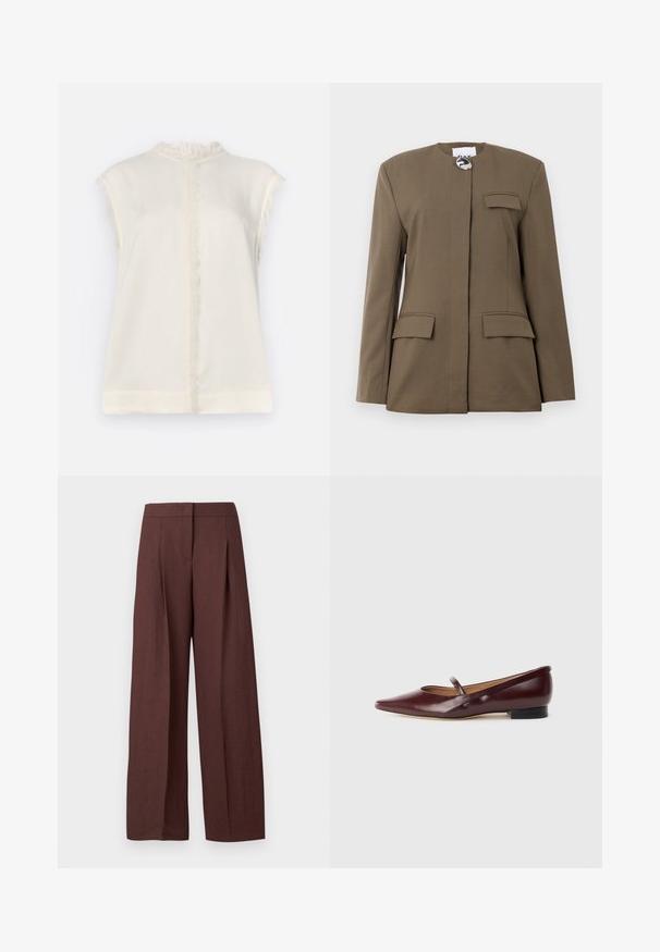 Blazer marron ajusté avec un col rond, fermeture à l'avant, poche poitrine unique et deux poches à rabat à l'avant. Tissu lisse avec des lignes épurées.; T-shirt sans manches crème avec un col texturé à volants et des accents frangés le long des épaules et de la couture centrale. Tissu doux et léger.; Pantalon marron à jambes larges et taille haute avec plis devant et fermeture avant dissimulée, présenté sur fond blanc uni.; Chaussure plate en cuir verni bordeaux avec un bout pointu et une sangle décorative sur le cou-de-pied. Présente un petit talon noir.