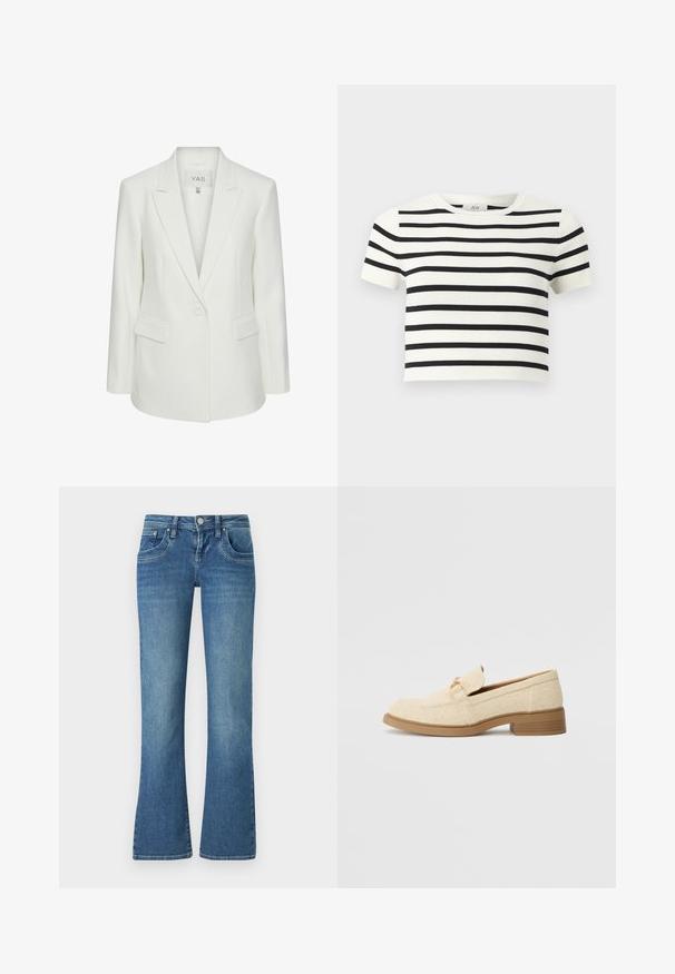 Hvid enkeltknappet blazer med slag og klaplommer, skræddersyet pasform og Y.A.S mærke inden i kraven.; Hvid kortærmet cropped top med vandrette sorte striber og rund halsudskæring.; Lysblå flared jeans lavet af denim, med fem lomme design, kontrast syninger og en knaplukning i taljen.; Beige tekstil loafers med en lav blokhæl, der har et syet design og en dekorativ hardware accent i guldtoner på overdelen.