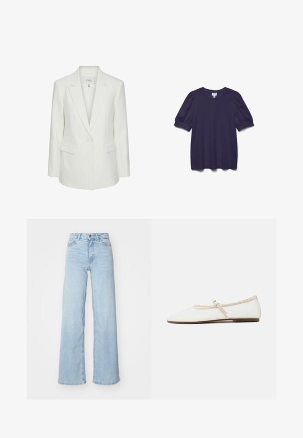 Witte blazer met één knoop, met reverskraag en klepzakken, getailleerde pasvorm en Y.A.S merklabel aan de binnenkant van de kraag.; Marineblauw topje met korte mouwen en een ronde hals, voorzien van licht opgepofte mouwen en gladde, rekbare stof. Geen zichtbare patronen.; Lichtblauwe wijde jeans van denim. Met een hoge taille, knoopsluiting aan de voorkant en twee zakken. Gladde textuur met subtiele vervaging.; Witte Mary Jane platte schoen met puntige neus, dun verstelbaar bandje met zilveren gesp en bruine zool op een witte achtergrond.
