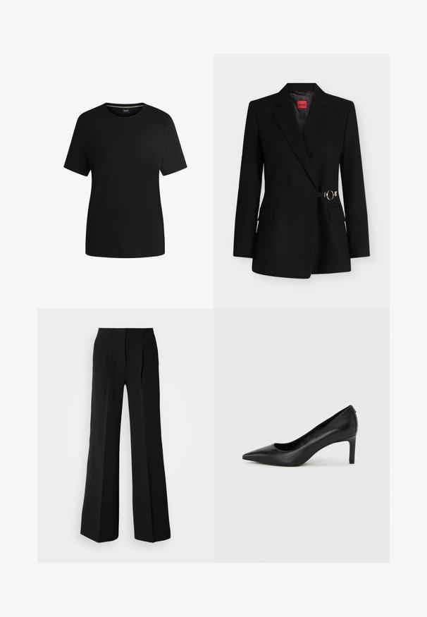 Op maat gemaakte zwarte blazer met gekartelde revers, klepzakken en een zilverkleurige zijsluiting met gesp. Rood Hugo-label in de kraag genaaid.; Zwart t-shirt met korte mouwen, gemaakt van zachte katoen, met een ronde hals en een gladde textuur. Eenvoudig ontwerp zonder patronen of accenten.; Zwarte broeken van soepele stof, met een hoge taille, wijde pijpen en twee plooien aan de voorkant voor extra ontwerpelementen.; Zwarte leren pumps met een spits toelopende neus en een slanke, middelhoog hak, afgebeeld tegen een effen lichtgrijze achtergrond.