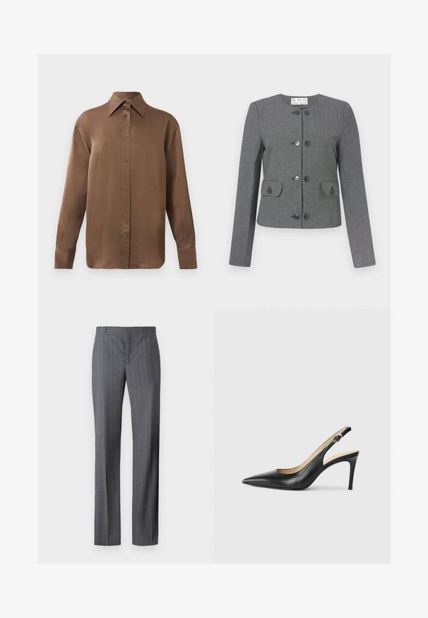 Chaqueta gris a cuadros con cuello redondo, mangas largas y bolsillos frontales. Presenta botones negros y un corte entallado.; Camisa de botones de manga larga marrón con cuello y puños puntiagudos, exhibida sobre un fondo blanco liso.; Pantalones de rayas grises hechos de una tela suave, con un corte recto, frente plano y sin bolsillos o adornos visibles.; Tacones altos negros de cuero con tirantes, punta afilada, correa ajustable y un elegante tacón de aguja, con un acabado suave.