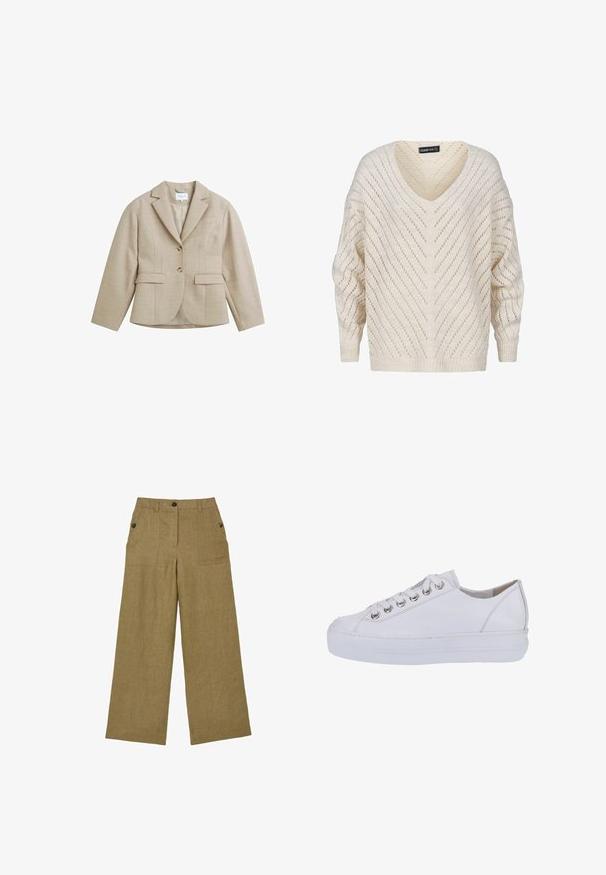 Beige räätälöity bleiseri lovipiikeillä, kahdella napilla, kahdella etutaskulla, joissa läpät, ja rintataskulla, valmistettu teksturoidusta kankaasta.; Vaaleanivoinen neulottu villapaita, jossa on V-pääntie, ylipitkä siluetti ja avonaiset kuvioinnit, joissa on vinonauhoja ja ribatulleet hihansuut.; Khakinväriset leveälahkeiset housut, joissa edessä nappi- ja vetoketjusulku, kahdet sivutaskut nappidetaljein ja vyölenkit vyötäröllä.; Valkoiset nahkakengät, joissa on sileä pinta, pyöreä kärki ja kohotettu valkoinen pohja. Varustettu hopeisilla rei'illä ja tasaisilla nauhoilla.