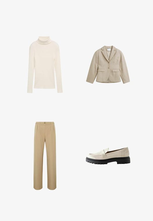 Beige getailleerde blazer met kraag met inkeping, twee knopen, twee klepzakken aan de voorkant en een borstzak met bies, gemaakt van gestructureerde stof.; Creme trui met een col, gemaakt van ribbelstof. Lange mouwen en een getailleerde silhouette. Geen zichtbare patronen of hardwareaccenten.; Beige rechte broek met hoge taille, voorzien van riemlussen en een klein metalen klinkkoppelslot bij de tailleband.; Crème patenten leren loafers met een ronde neus, een gestikte accent op de schacht en een chunky zwarte rubberen zool met profieldetails.