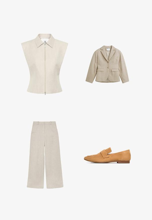 Beige skræddersyet blazer med hakrevers, to knapper, to forlommer med klap og en brystlomme med stikning, lavet af tekstureret stof.; Beige ærmeløs top med spids krave og lynlås foran. Lavet af struktureret materiale med en skræddersyet pasform og minimale designdetaljer.; Beige bukser med vide ben, bæltestropper, høj talje og et subtilt tekstureret stof, vist lagt fladt mod en hvid baggrund.; Lette mokkasiner i tan farve med flad hæl, rund tå og en syet strop over vristen for et raffineret udtryk.