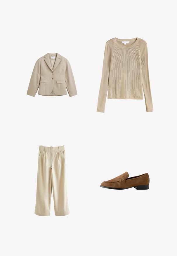 Veste beige cintrée avec revers crantés, deux boutons, deux poches frontales à rabat et une poche poitrine passepoilée, en tissu texturé.; Pull en maille beige côtelée à manches longues avec col rond et coupe près du corps, présenté à plat avec étiquette visible au niveau du col.; Next SMART WIDE LEG - Pantalon classique - stone; Mocassins en suedine marron avec un léger talon, une texture lisse, des détails de couture à l'avant et une forme de bout arrondi.