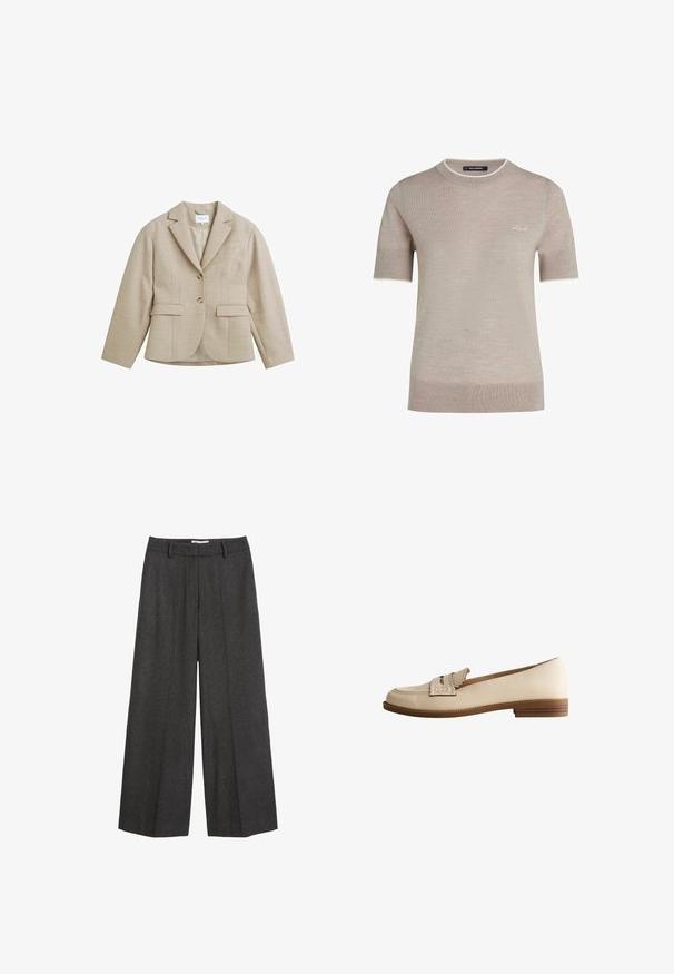 Beige skræddersyet blazer med hakrevers, to knapper, to forlommer med klap og en brystlomme med stikning, lavet af tekstureret stof.; Beige strikket trøje med korte ærmer og rund hals, med diskret hvid kant og lille hvid "Karl" brodering på brystet.; Bredde bukser i mørkegrå stof. Har en skræddersyet talje med bæltesløjfer, glat tekstur og minimale syninger som detaljer.; Beige læderloafer med bølget stropdetalje og lav stablet træhælkappe, sidevisning på hvid baggrund.