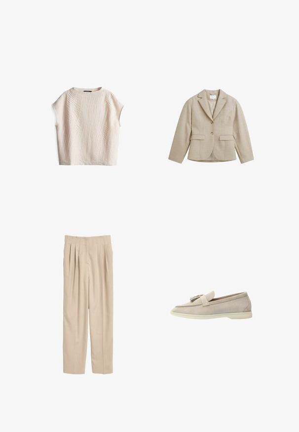 Beige getailleerde blazer met kraag met inkeping, twee knopen, twee klepzakken aan de voorkant en een borstzak met bies, gemaakt van gestructureerde stof.; Kortärmelig top in crèmekleur met een gestructureerd golfpatroon; losse pasvorm en ronde hals; gemaakt van lichtgewicht stof.; Beige geplooide broeken van lichte stof. Heeft een rechte snit, een tailleband met stiksel details en geen zichtbare zakken.; Beige suède instapschoenen met een kwastaccent, met een gladde textuur, ronde neus en een rubberen zool voor flexibiliteit.