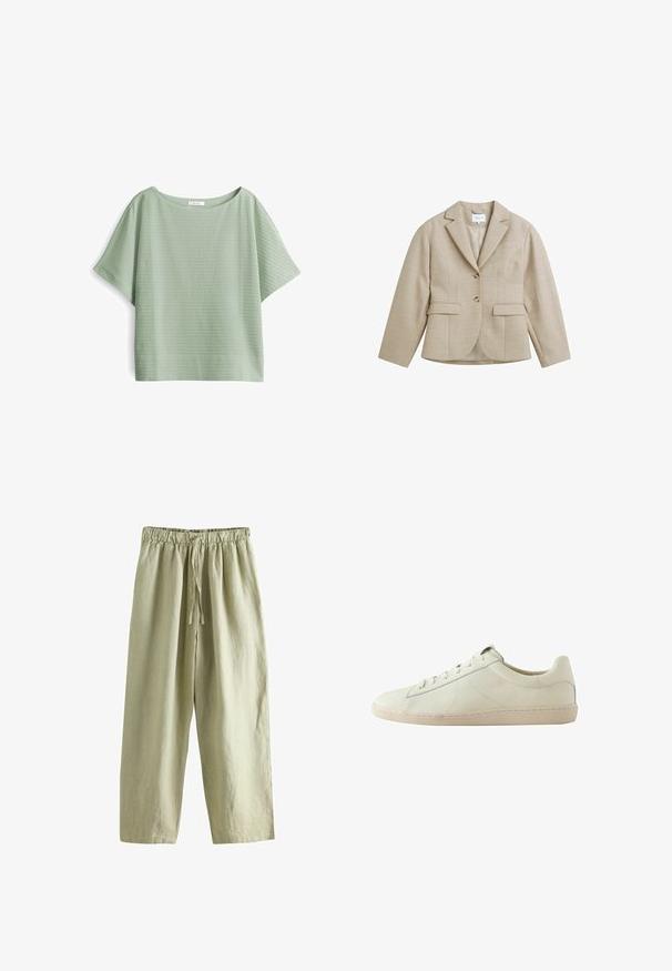 Beige getailleerde blazer met kraag met inkeping, twee knopen, twee klepzakken aan de voorkant en een borstzak met bies, gemaakt van gestructureerde stof.; Lichtgroen kortemouwen top met een losse pasvorm, textuurstof met een subtiel patroon en een brede, ronde halslijn.; Lichtbeige broek met wijde pijpen, elastische tailleband en trekkoord, gemaakt van lichtgewicht stof.; Witte leren lage sneaker met een textuur oppervlak, vetersluiting en een beige rubberen zool, zijaanzicht op een witte achtergrond.