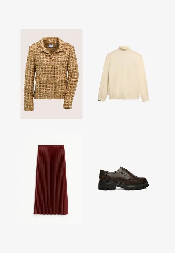 Bruine en beige tweedjas met een notch-kraag, drie voorste knopen en twee knoopflapzakken, gepresenteerd op een effen achtergrond.; Crème turtleneck trui gemaakt van zacht breiwerk. Beschikt over lange mouwen, geribbelde boorden en zoom, met een klein logo aan de voorkant.; Plissé midi-rok in diep rood, met een gestructureerde stof en gelijkmatig verdeelde verticale plooien. De zoom valt rond de middenkuit.; Donkerbruine leren brogue schoen met geperforeerde details en dikke zwarte profielzool, zijkant gezien op een witte achtergrond.