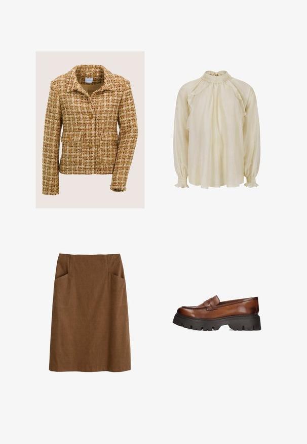 Bruine en beige tweedjas met een notch-kraag, drie voorste knopen en twee knoopflapzakken, gepresenteerd op een effen achtergrond.; Crèmekleurige blouse gemaakt van lichtgewicht stof, met een hoge geplooide kraag, aflopende schouders en geplooide manchetten met ruches als accenten.; Bruine katoen rok met een aansluitende taille, twee zijzakken en een rechte snit. De stof heeft een zachte textuur en een subtiele glans.; Bruine leren instappers met een chunky zwarte platformzool. Heeft een ronde neus en een decoratieve band over de voorkant.