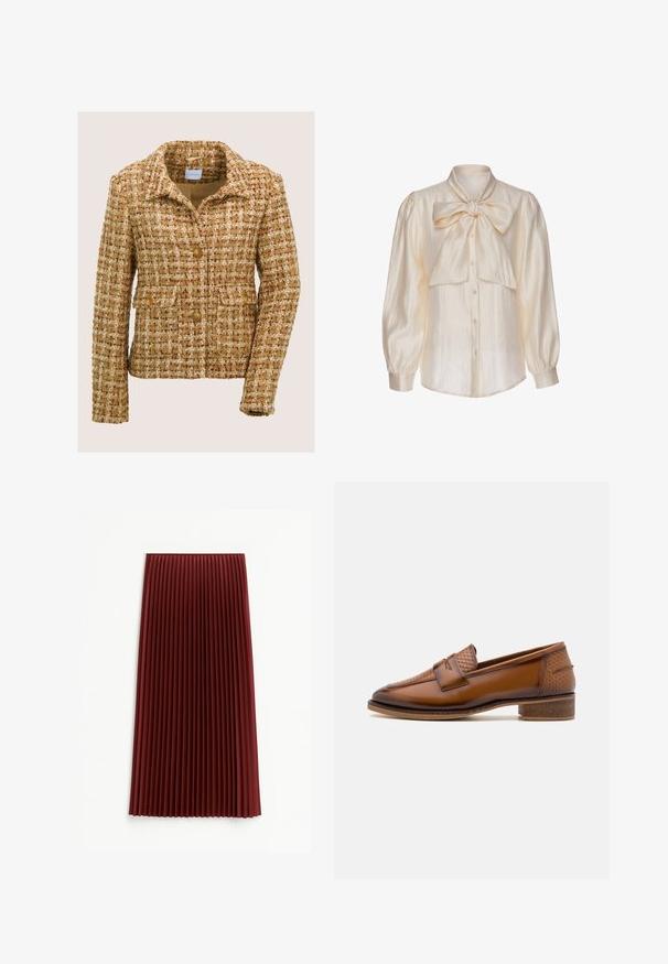 Bruine en beige tweedjas met een notch-kraag, drie voorste knopen en twee knoopflapzakken, gepresenteerd op een effen achtergrond.; Crèmekleurige satijnen blouse met lange opgepofte mouwen, knoopsluiting aan de voorkant en een grote gestrikte strik bij de kraag.; Plissé midi-rok in diep rood, met een gestructureerde stof en gelijkmatig verdeelde verticale plooien. De zoom valt rond de middenkuit.; Bruine leren loafers met een gewoven voorpaneel, ronde neus en lage, gestapelde hak. Glad oppervlak met subtiele stiksels.