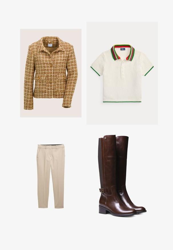 Bruine en beige tweedjas met een notch-kraag, drie voorste knopen en twee knoopflapzakken, gepresenteerd op een effen achtergrond.; Wit gestructureerd poloshirt met korte mouwen, met een kraag met groene, rode, blauwe en gele strepen en mouwen en zoom met groene rand.; Beige formele broek met een gladde textuur, voorzien van zijzakken en een rechte pijpdesign. De tailleband is in een contrasterende donkere kleur.; Bruine leren laarzen tot de knie met een gladde afwerking, contrasterend stofpaneel, enkelgesp detail en lage blokhak.