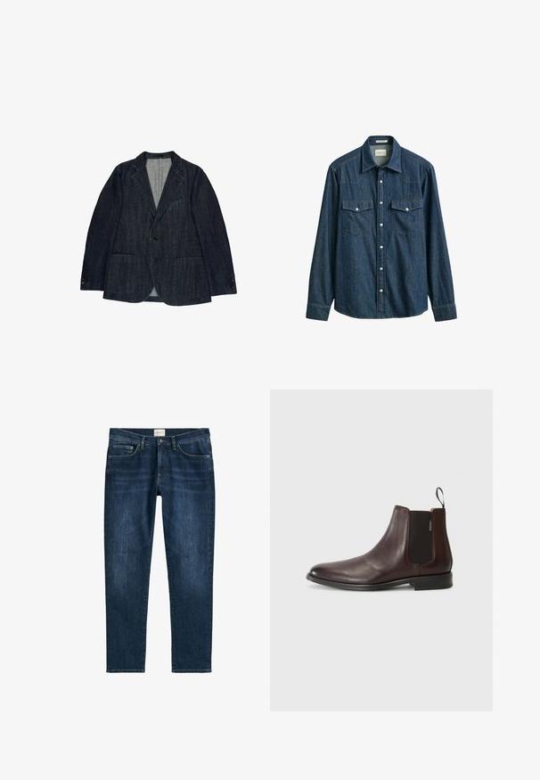 Dunkelblauer Jeansblazer für Herren mit abgesteppten Revers, zwei aufgesetzten Vorderentaschen, zwei Knöpfen und Dreiknopf-Manschetten, flach auf weißem Hintergrund liegend.; Dunkelblaues Denim-Hemd mit langen Ärmeln, Druckknöpfen, zwei Brusttaschen mit Klappen und spitzem Kragen.; Dunkelblaue Denim-Jeans mit geradem Bein, fünf Taschen, Gürtelschlaufen und dezentem Verblassen. Der Stoff hat eine glatte Textur.; Braune Leder-Ankle-Boots mit elastischen Seitenpaneelen und einem Zugband. Glatte Textur, abgerundete Zehenform und einen niedrigen, gestapelten Absatz.