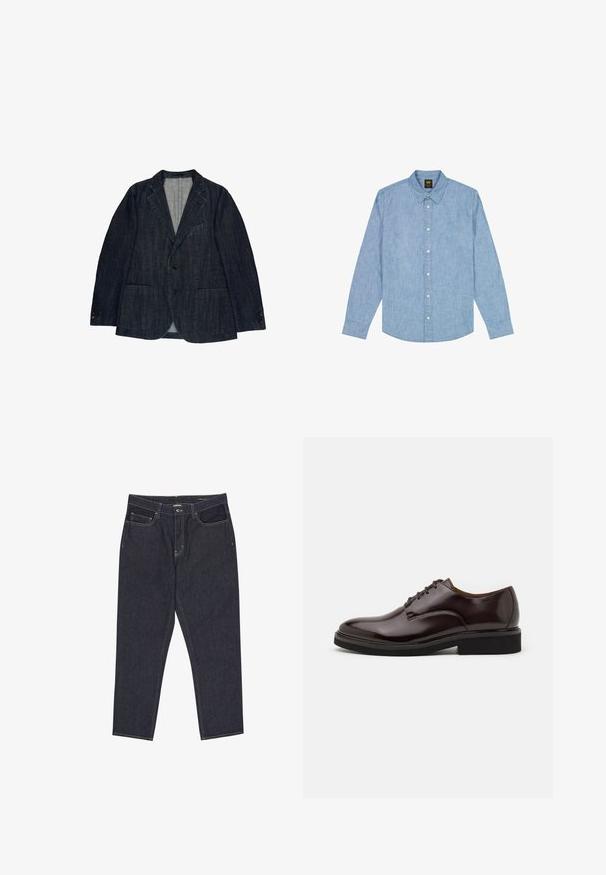 Blazer de mezclilla oscura para hombre con solapas de muesca, dos bolsillos delanteros tipo parche, dos botones y puños de tres botones, colocado sobre un fondo blanco.; Camisa de manga larga azul claro con botones, cuello y logo en el pecho delantero, hecha de tela chambray.; Vaqueros de mezclilla azul oscuro con piernas rectas, bolsillos delanteros, trabillas para cinturón y costuras visibles sobre un fondo blanco.; Zapato Oxford de cuero marrón con acabado brillante, punta redonda, diseño con cordones y suela gruesa de goma negra. Detalle de costura en la parte superior.