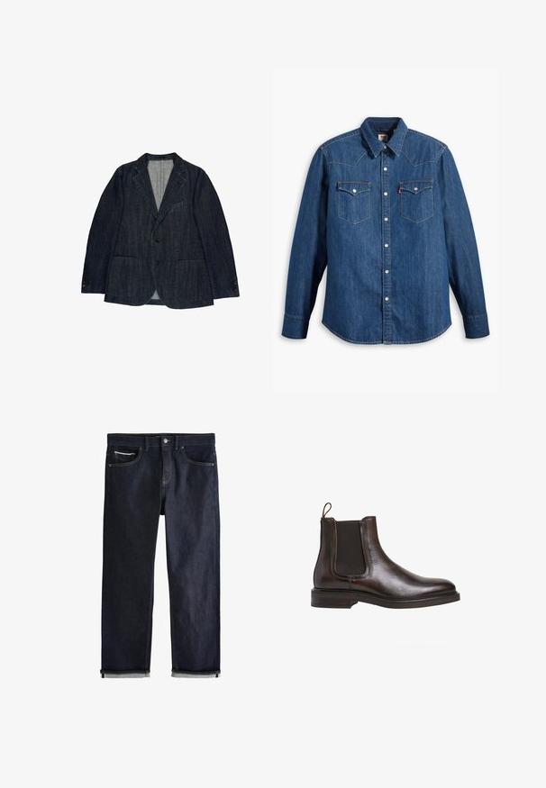 Dunkelblauer Jeansblazer für Herren mit abgesteppten Revers, zwei aufgesetzten Vorderentaschen, zwei Knöpfen und Dreiknopf-Manschetten, flach auf weißem Hintergrund liegend.; Dunkelblaue Jeanshemd mit langen Ärmeln, spitzem Kragen und Druckknöpfen. Verfügt über zwei Brusttaschen mit Klappen und kontrastierenden Nähten.; Dunkelblaue Jeans aus Denim mit umgeschlagenen Bündchen, Knopf- und Reißverschluss, Vorder- und Münztaschen und kontrastierenden Nähten vor weißem Hintergrund.; Braune Leder-Chelsea-Boots mit elastischen Seiteneinsätzen, Schlupfgriff und niedrigem, gestapeltem Absatz. Glatte Textur und schlanke Silhouette.