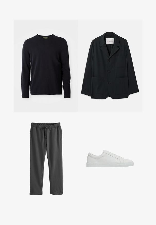 CLOSED WORKWEAR - Americana - dark night; Suéter negro de manga larga y cuello redondo, diseño liso, presentado sobre un fondo blanco, con una sutil etiqueta de la marca dentro del cuello.; Pantalones de chándal grises con cintura elástica y cordón ajustable. Hechos de tela suave, con bolsillos laterales y un corte relajado.; Reiss REGULAR FIT - LUCA TUMBLED - Zapatillas - white