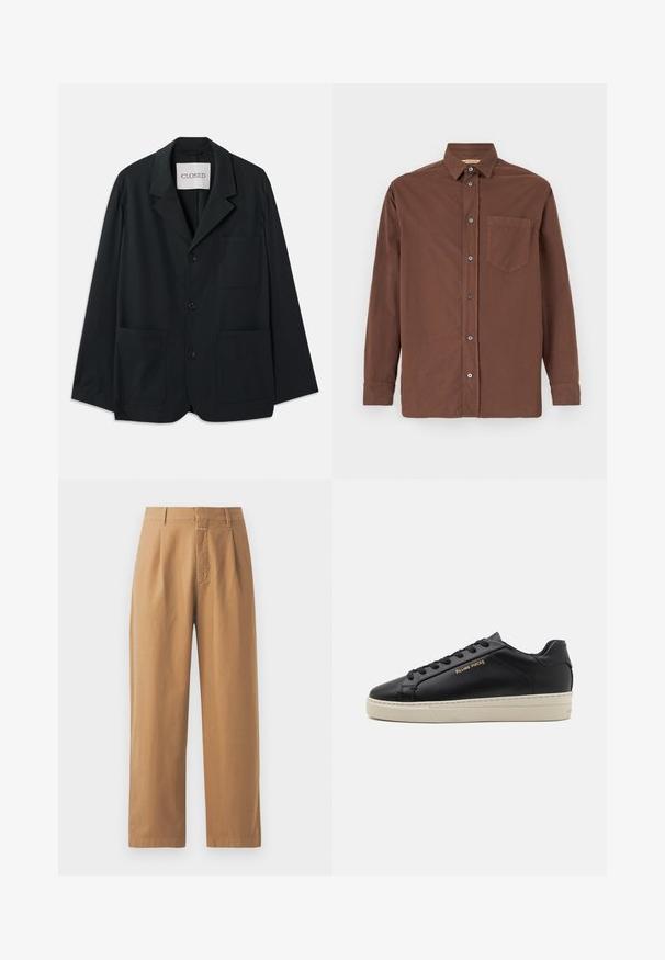 CLOSED WORKWEAR - Veste de costume - dark night; Chemise brune à boutons avec un col, des manches longues, une poche poitrine unique et des boutons gris, fabriquée à partir d'un tissu texturé.; Pantalons marron à jambes larges en tissu lisse. Présentent une taille haute avec des plis, des passants de ceinture et une poche avant.; Sneaker en cuir noir avec une finition lisse, semelle crème contrastante, bout arrondi, logo doré sur le côté et six œillets pour les lacets.