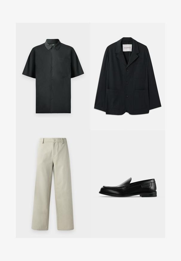 CLOSED WORKWEAR - Blazere - dark night; Kortærmet sort skjorte med knapper lavet af glat stof, med en enkelt brystlomme og subtil broderet detalje på forsiden.; Han Kjøbenhavn WIDE LEG - Bukser - light grey; Sort læder slip-on loafer med lav hæl, rundet tå og dekorative syninger langs øverste kant.