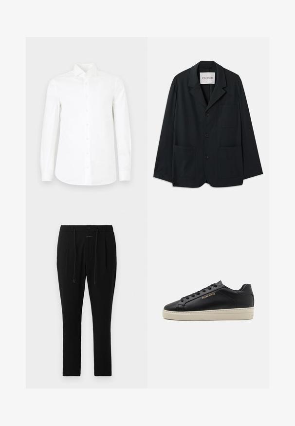 CLOSED WORKWEAR - Americana - dark night; Camisa blanca de manga larga con botones, hecha de algodón suave. Presenta un collar puntiagudo, cierre frontal de botones completo y cintura ligeramente ajustada.; CLOSED VIGO TAPERED - Pantalones chinos - dark night; Zapatilla de cuero negra con un acabado suave, suela crema en contraste, puntera redonda, logo dorado en el lateral y seis ojales para los cordones.