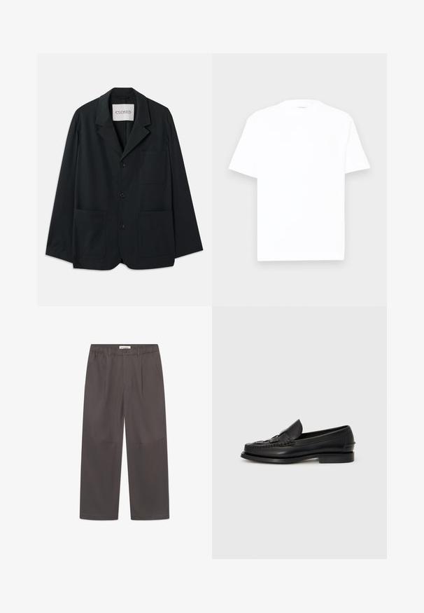 CLOSED WORKWEAR - Blazerjasje - dark night; Witte katoenen t-shirt met een ronde hals, korte mouwen en een relaxte pasvorm. Gladde textuur, minimale details en geen patronen of graphics.; Grijze, wijde broek van soepel stof, met een knoopsluiting en twee zijzakken. Eenvoudig, strak ontwerp zonder zichtbare patronen.; Zwarte leren instapschoenen met een geweven detail aan de voorkant, een ronde neus en een lage hak. Glad textuur en minimalistisch ontwerp.