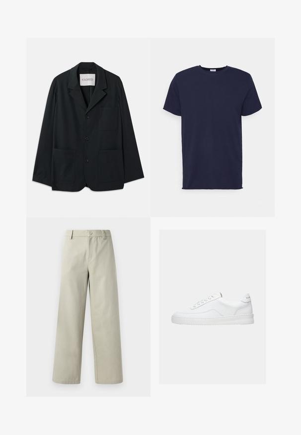 CLOSED WORKWEAR - Blazerjasje - dark night; Navyblauwe T-shirt met korte mouwen van zachte stof. Heeft een ronde hals en een rechte snit zonder patronen of accenten.; Han Kjøbenhavn WIDE LEG - Broek - light grey; Witte lage sneaker met vetersluiting, glad leren bovenwerk en dikke zool, gezien vanuit de zijkant tegen een effen achtergrond.