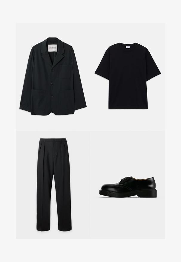 CLOSED WORKWEAR - Blazere - dark night; Sort oversized T-shirt med korte ærmer og rund halsudskæring, med synlig Filippa K mærke indeni kraven.; Sorte skræddersyede bukser med høj talje, bæltestropper, frontfolder, knaplukning og lige vide ben på en lys baggrund.; Sort poleret læder snørestøvle med tyk sål, rundet tå og lav hæl, vist fra siden på en ensfarvet baggrund.