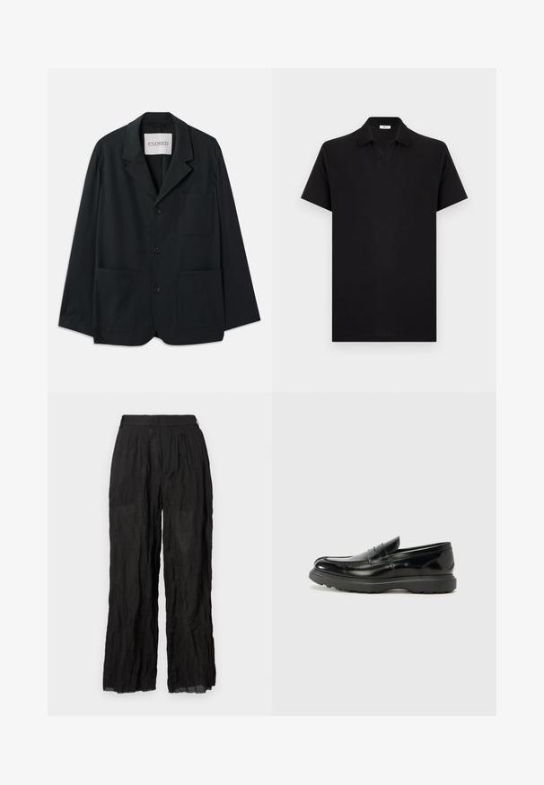 CLOSED WORKWEAR - Americana - dark night; Polo negro de manga corta con cuello clásico y abertura en forma de V, mostrado sobre un fondo liso gris claro.; Pantalones de lino negros de pierna ancha con un acabado texturizado. Presentan una cinturilla elástica y pliegues sutiles.; Mocasín de cuero negro con un acabado brillante, punta redondeada, detalles de costura sutiles y una suela de goma gruesa para mayor durabilidad.