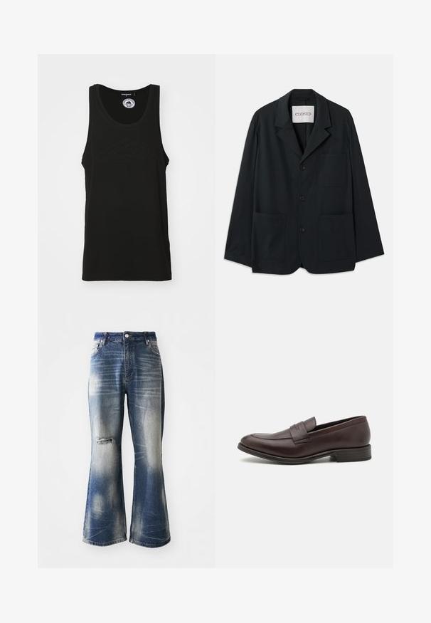 CLOSED WORKWEAR - Blazere - dark night; Sort ærmeløs tank top lavet af bomuld med en rund halsudskæring og prægede logo detaljer foran. Rent, minimalisk design.; Blå flagrende jeans med falmede områder og slidte knædetaljer. Lavet af denim, med knaplukning og fem-lomme design.; Brun læderloafer med en glat overflade, syet detalje på tåen og en lav stablet hæl. Minimalistisk design uden synlig branding.