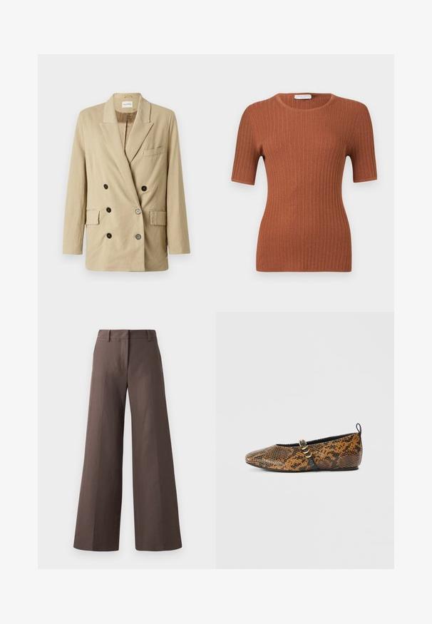Blazer en lin beige avec un devant double boutonnage, des revers crantés, deux poches avant et des boutons noirs. Il présente un design minimaliste et un tissu texturé.; Haut à manches courtes en maille côtelée couleur rouille avec encolure ronde, silhouette ajustée et texture subtile.; Pantalons amples marron en tissu lisse ; dotés d'un devant plat, de passants de ceinture et de coutures verticales le long des jambes.; Ballerine en simili motif peau de serpent avec des nuances de brun et de noir. Dotée d'une bride noire et d’un détail en métal doré. Texture lisse.
